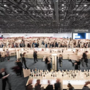Artistic representation for New Hall Layout and Business Forum at Prowein 2025 This is an example of a title that meets the criteria: **The Future of Drinks: